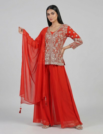 Red georgette pakistani style festive palazzo suit
