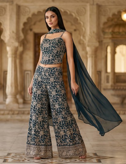 Peacock green georgette pakistani designer palazzo suit