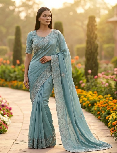 Mint blue tissue silk pearl and diamond saree