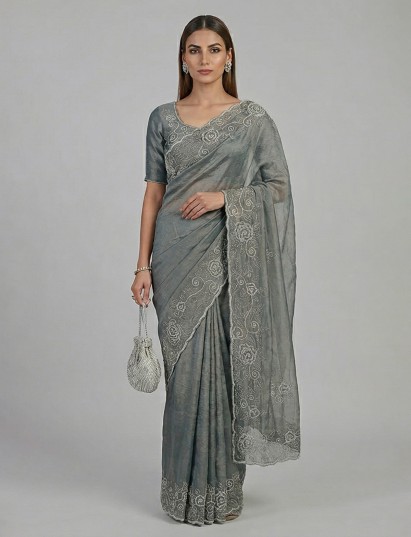 Dark grey tissue silk embellished party wear saree
