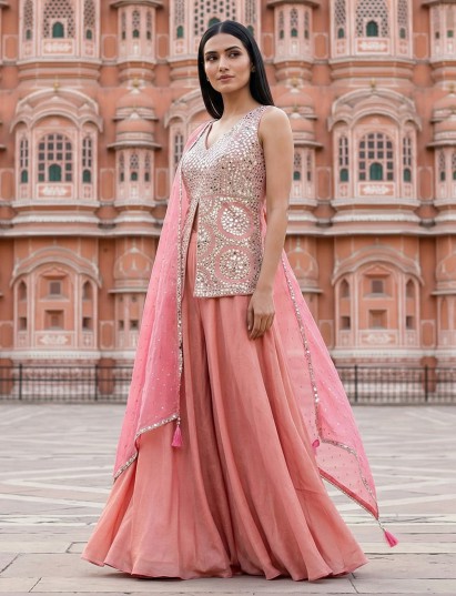 Pastel pink silk aabla diamond palazzo suit