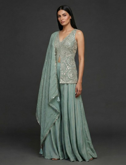 Pastel pista green silk designer palazzo suit