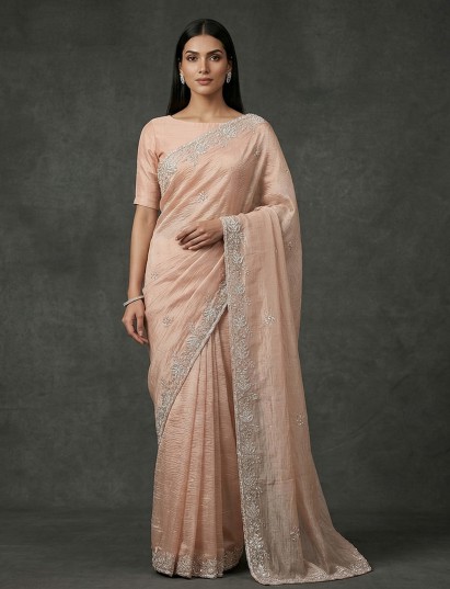 Peach chiffon sequins and diamond elegant party wear saree
