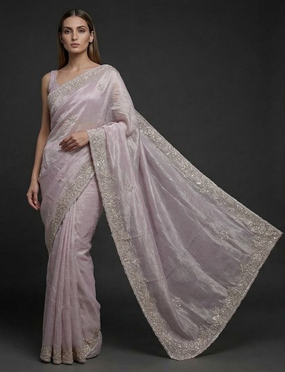 Lilac purple chiffon diamond embellished festive saree
