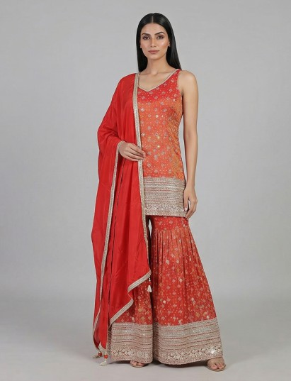 Rust orange printed sharara suit festive elegance