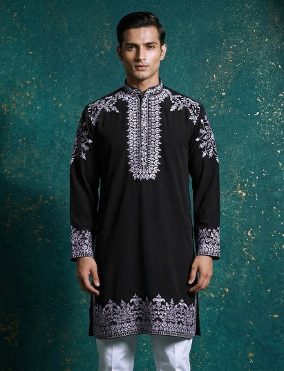 Black silk embroidered festive wear kurta