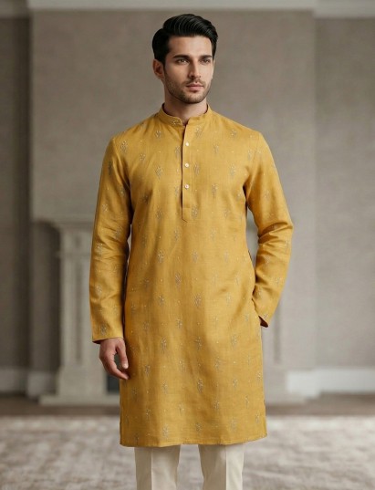 Mustard yellow cotton linen thread work festive kurta