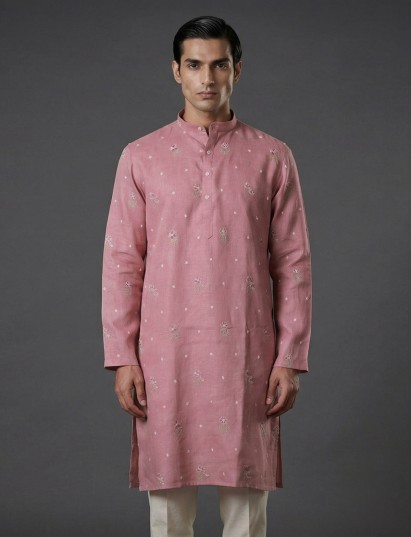 Light pink cotton linen thread work festive kurta