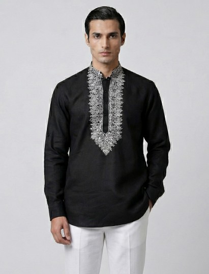 Black linen embroidered short pathani festive kurta