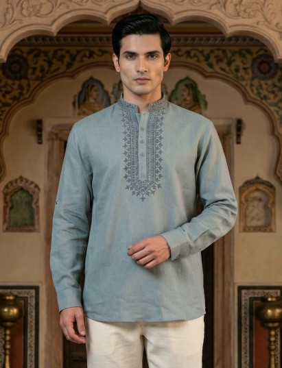 Light blue linen embroidered short pathani festive kurta