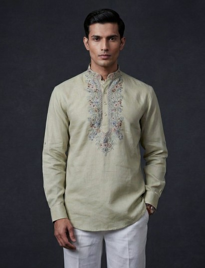Beige linen embroidered short pathani festive kurta