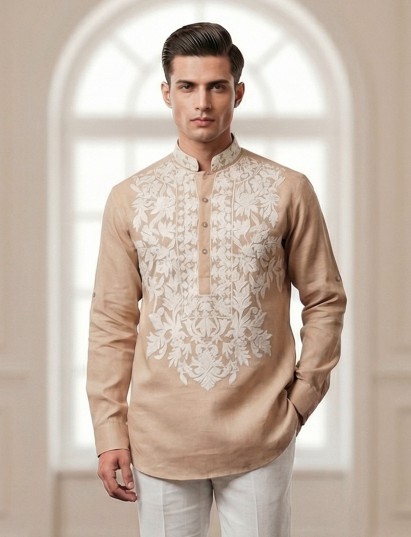 Beige linen thread work short pathani festive kurta