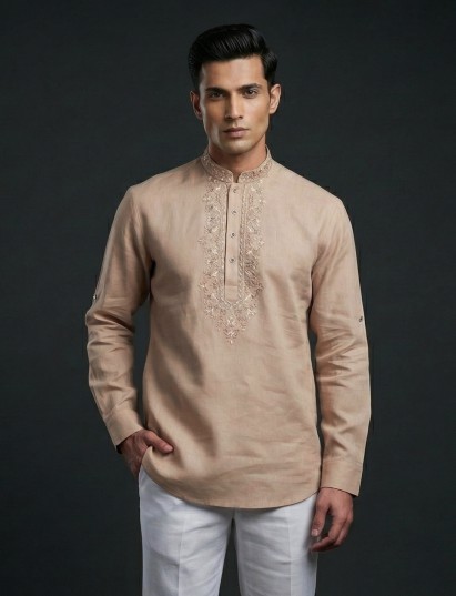 Peach linen embroidered short pathani festive wear kurta
