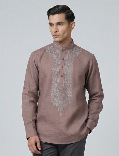 Dusty onion pink linen thread work pathani kurta