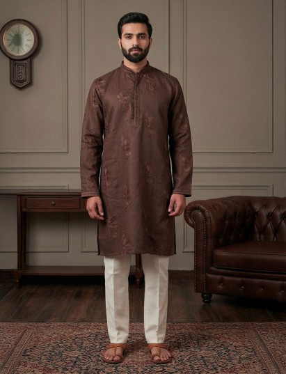 Coffee brown cotton linen festive embroidered kurta suit