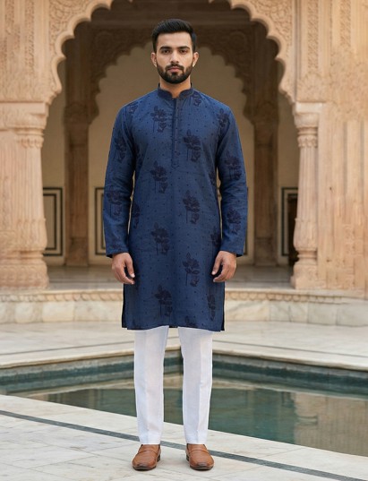 Blue cotton linen festive embroidered mandarin kurta suit