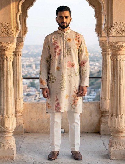 Beige cotton linen floral embroidered festive kurta suit
