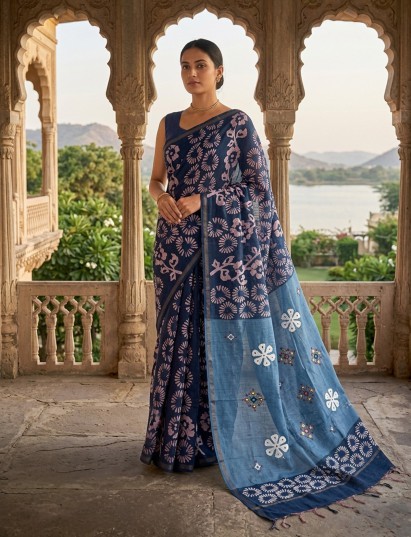 Blue printed chanderi saree