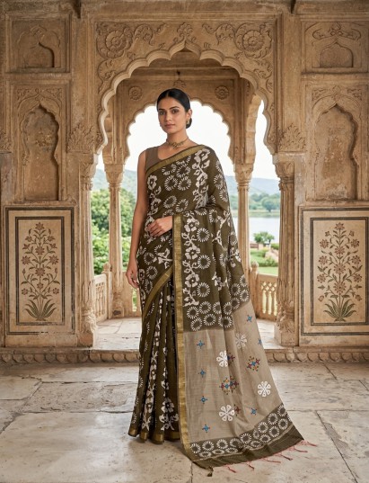 Mehendi green printed chanderi saree