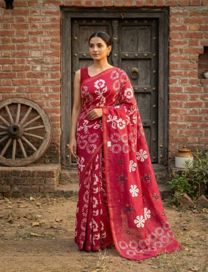 Red chanderi saree with print