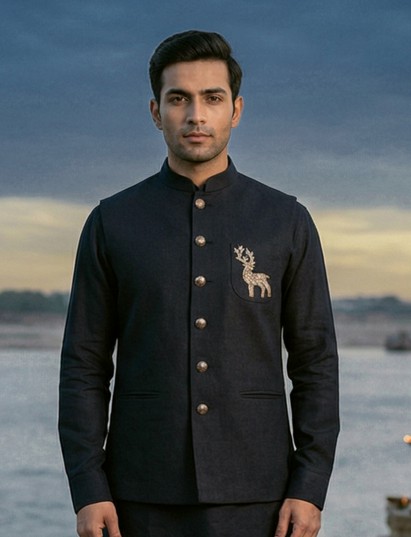 Navy cotton blend zardosi deer motif festive waistcoat