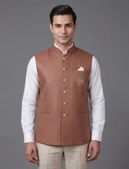 Light brown cotton textured festive zardosi waistcoat