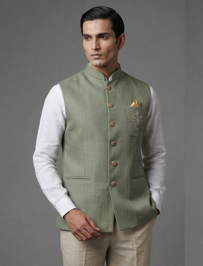 Pista green cotton textured festive embellished waistcoat