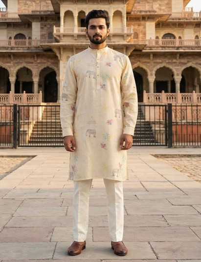 Yellow linen printed festive haldi kurta suit set