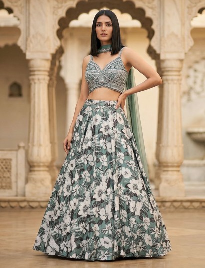 Sage green silk floral zardosi mirror lehenga choli
