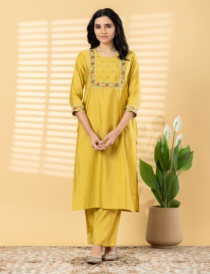 Yellow silk festive wear kurti set
