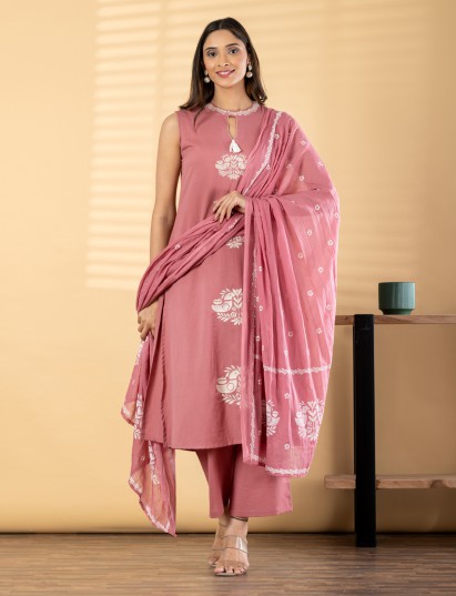 Onion pink cotton silk straight cut kurti set