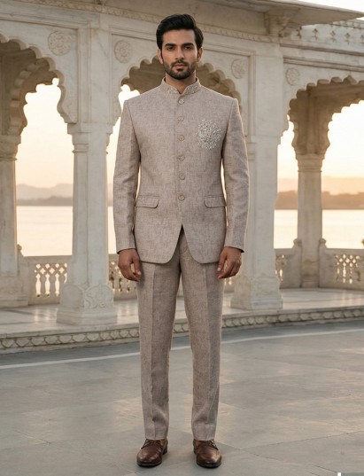 Khaki jute zardosi designer jodhpuri suit