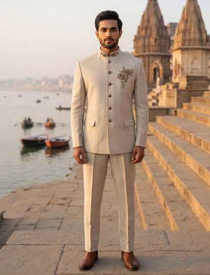 Off white jute zardosi embellished festive jodhpuri suit