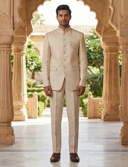 Cream jute festive designer jodhpuri suit