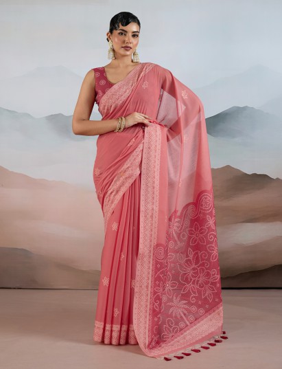 Pink bandhej inspired viscose cotton saree