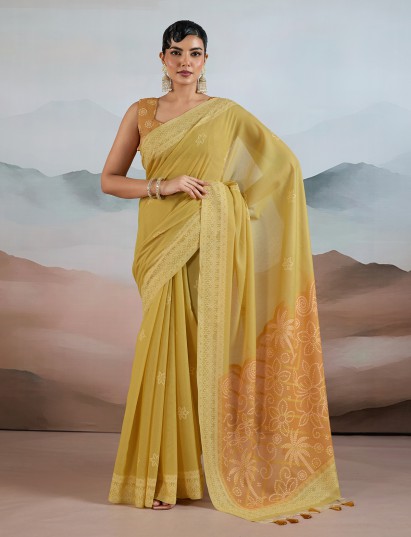 Lemon yellow viscose cotton saree with unstitched blouse