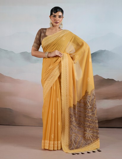 Yellow bandhej inspired viscose cotton saree