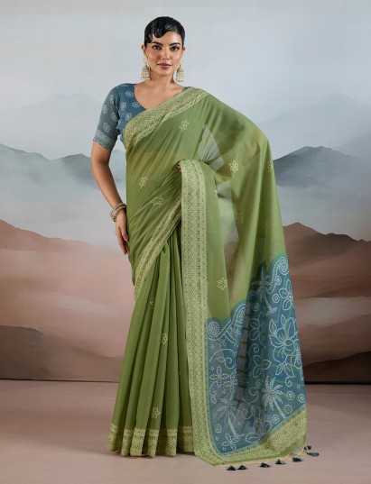 Pista green bandhej inspired viscose cotton saree