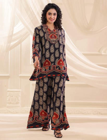 Navy printed silk embellished festive co ord set