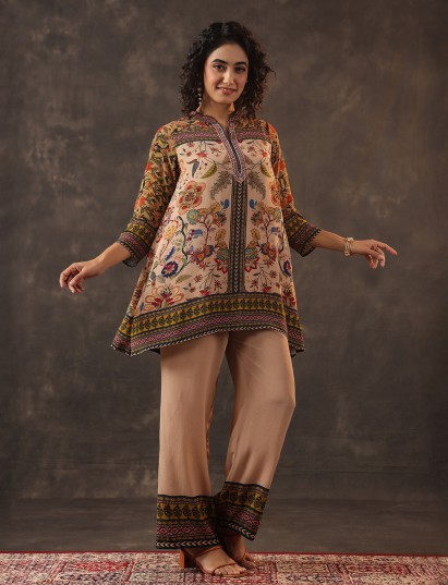 Beige printed silk sequins elegant co ord set