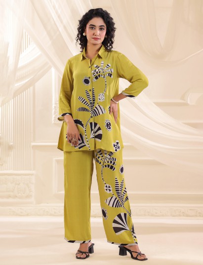 Lime green printed silk festive co ord set