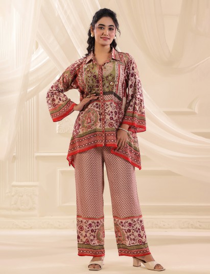 Beige printed silk collar neck co ord set