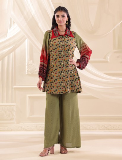 Mehendi green printed silk zardosi co ord set