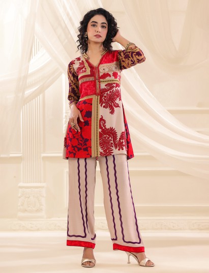 Beige red printed silk festive co ord set