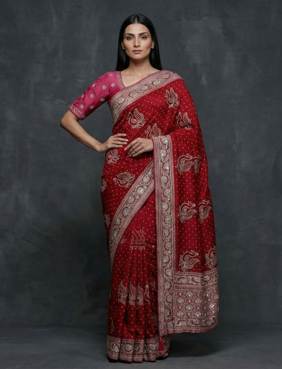 Red bandhej silk gota and zari festive saree ensemble