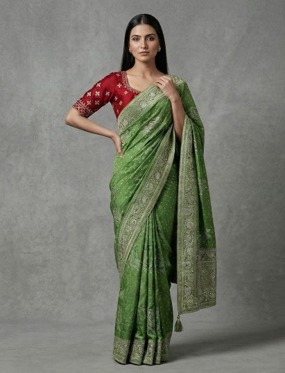 Pista green bandhej silk gota and zari festive saree