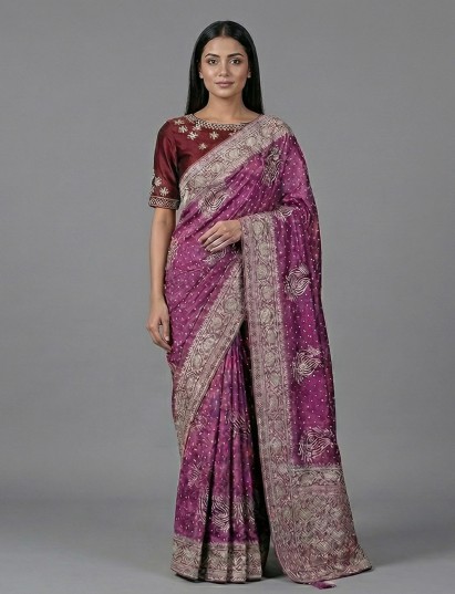 Lavender purple bandhej silk gota and zari saree