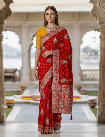 Red bandhej silk printed gota and zari festive saree