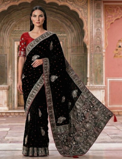 Black bandhej silk printed gota and zari saree