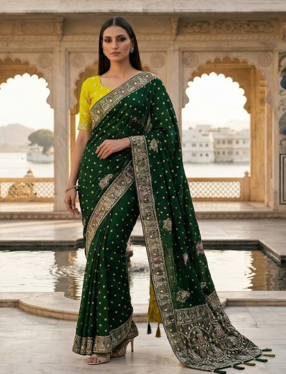 Dark green bandhej silk gota and zari festive saree